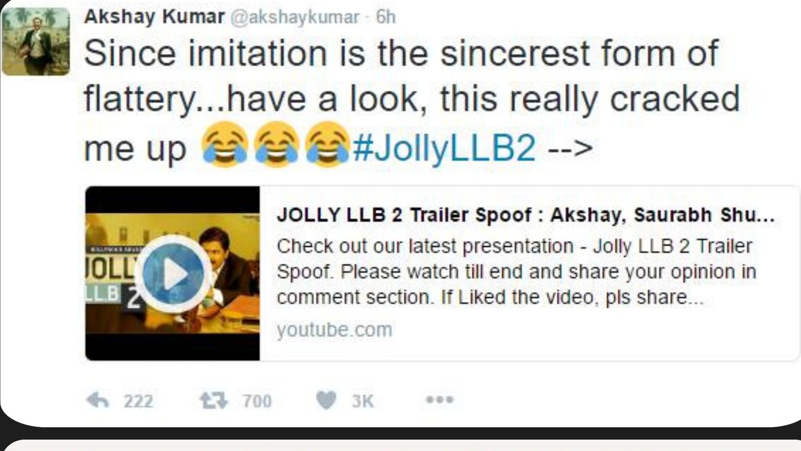 Akshay Kumar's tweet praising the Jolly LLB 2 spoof