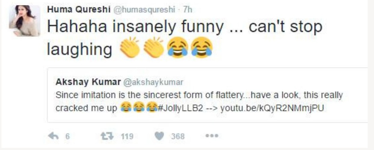 Huma Qureshi's tweet praising the Jolly LLB 2 spoof